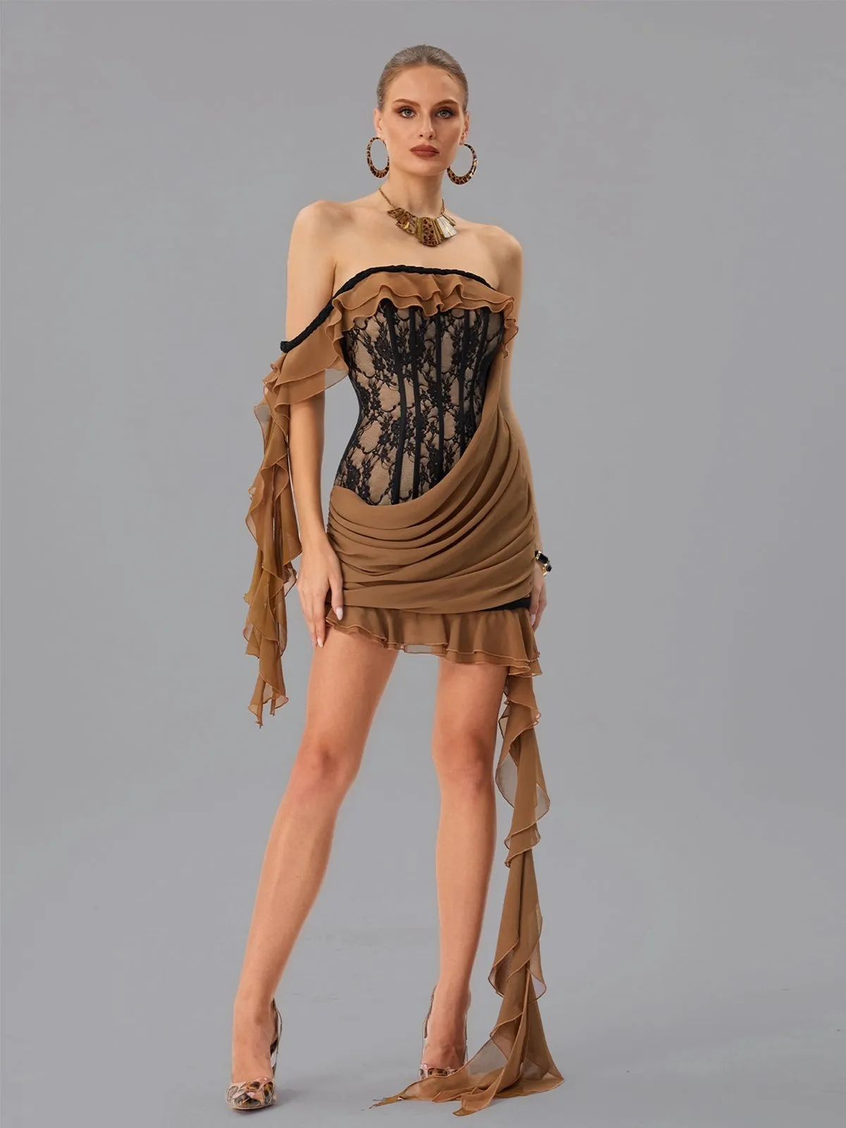 Dyphonia Strapless Lace Ruffle Mini Dress sold by Mew Mews product image thumbnail 3