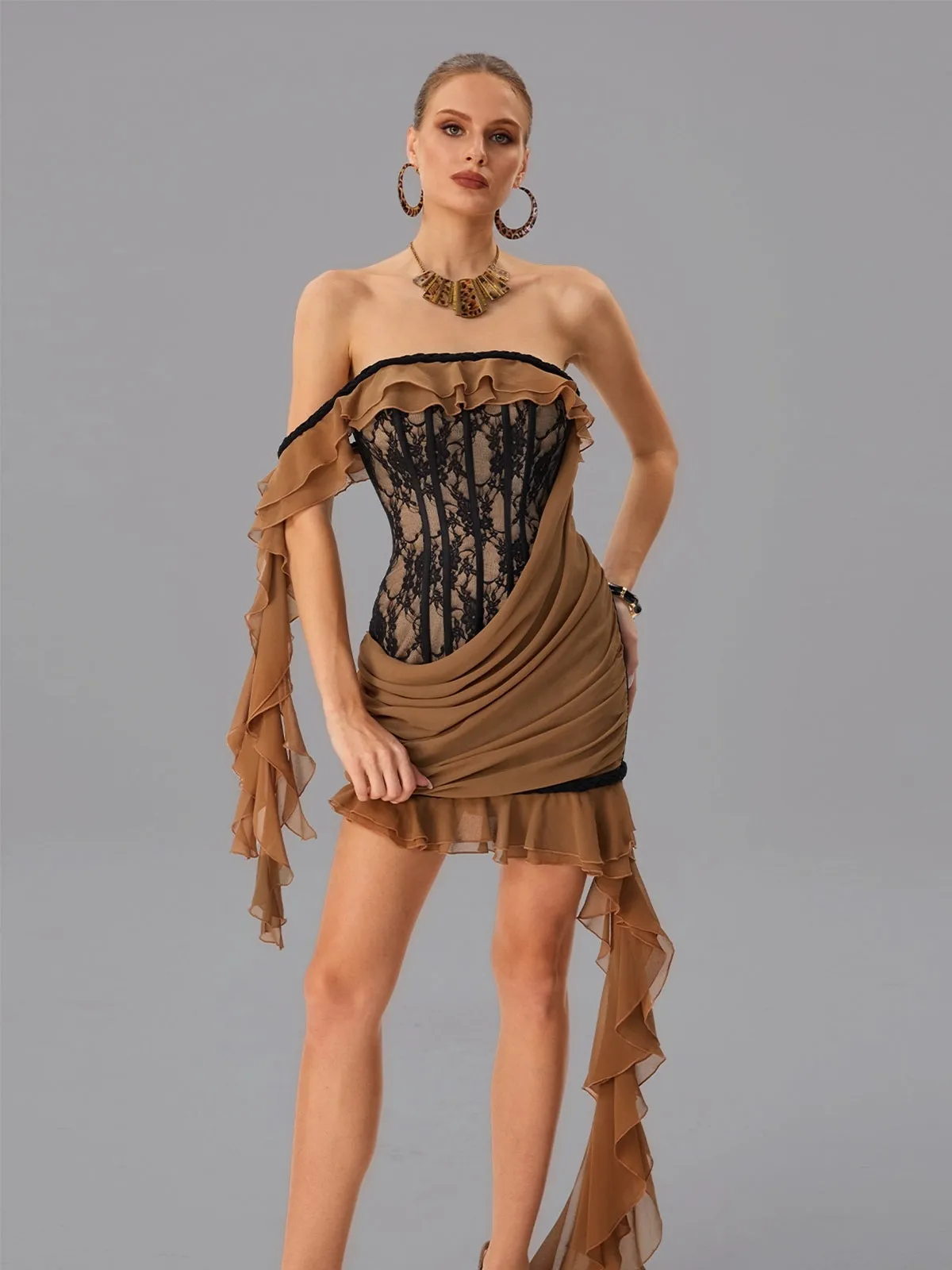 Dyphonia Strapless Lace Ruffle Mini Dress sold by Mew Mews product image thumbnail 2