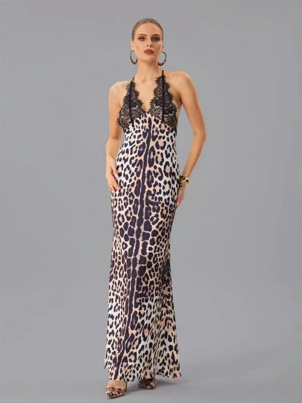 Vazvara Halterneck Lace Leopard Maxi Dress sold by Mew Mews