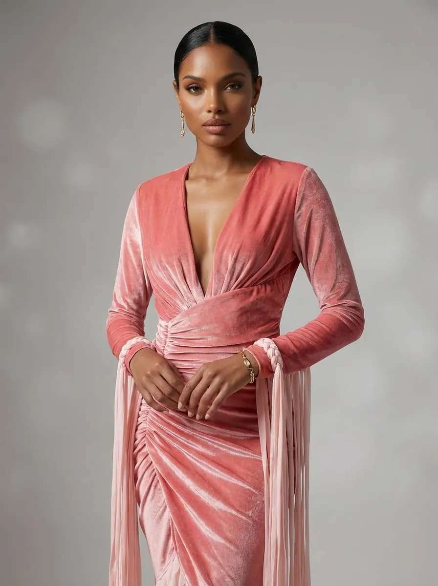 Qgatex V Neck Ruched Fringe Maxi Dress sold by Mew Mews product image thumbnail 2