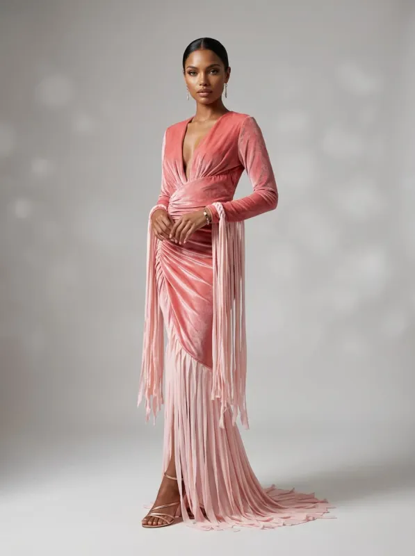 Qgatex V Neck Ruched Fringe Maxi Dress sold by Mew Mews