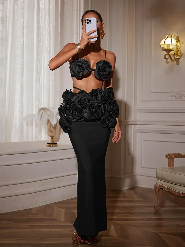 Irma Flower Bandage Skirt Set In Black sold by Mew Mews