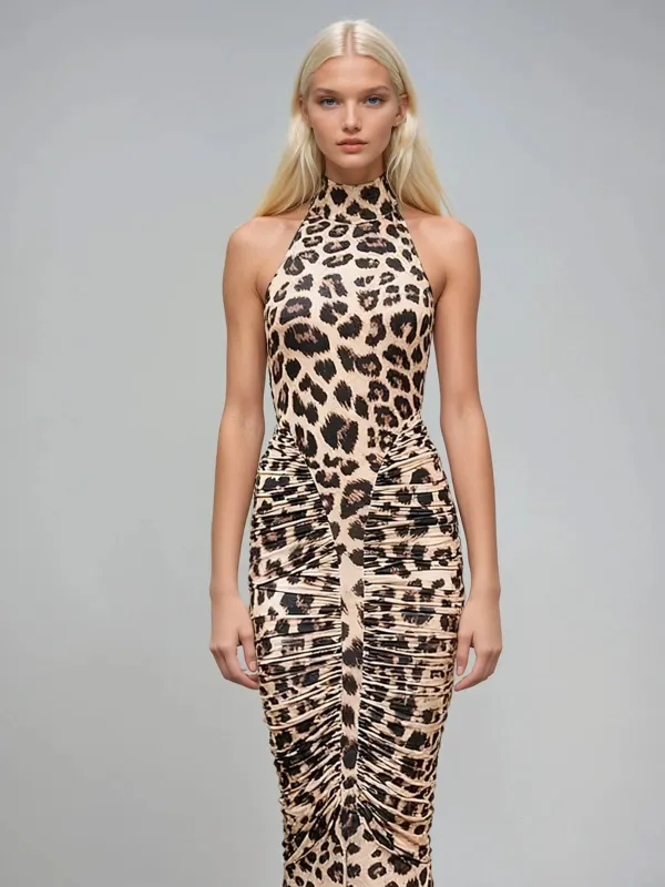 Mixotroph Backless Ruched Leopard Maxi Dress made by Mew Mews