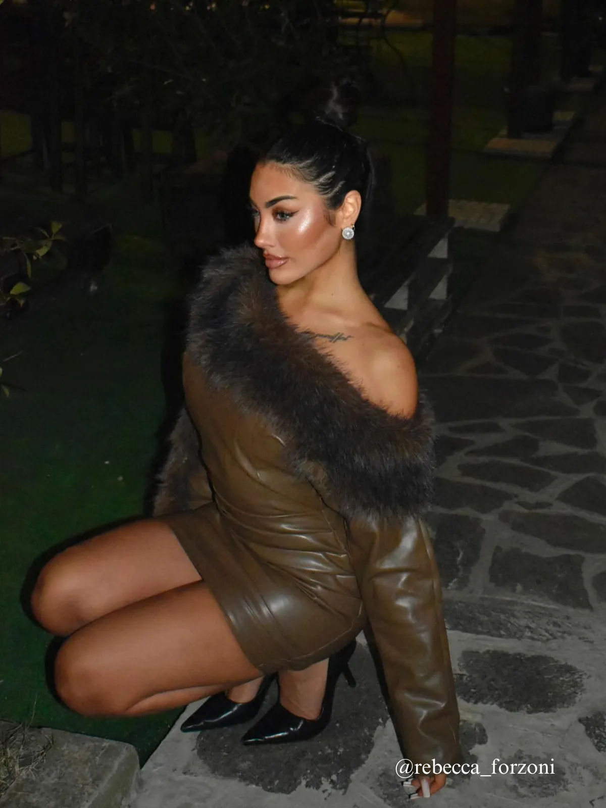 Dioptra One Shoulder Leather Faux Fur Mini Dress In Chocolate sold by Mew Mews product image thumbnail 3