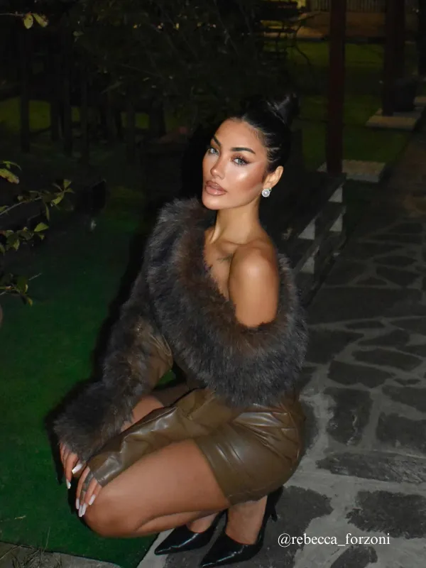 Dioptra One Shoulder Leather Faux Fur Mini Dress In Chocolate sold by Mew Mews