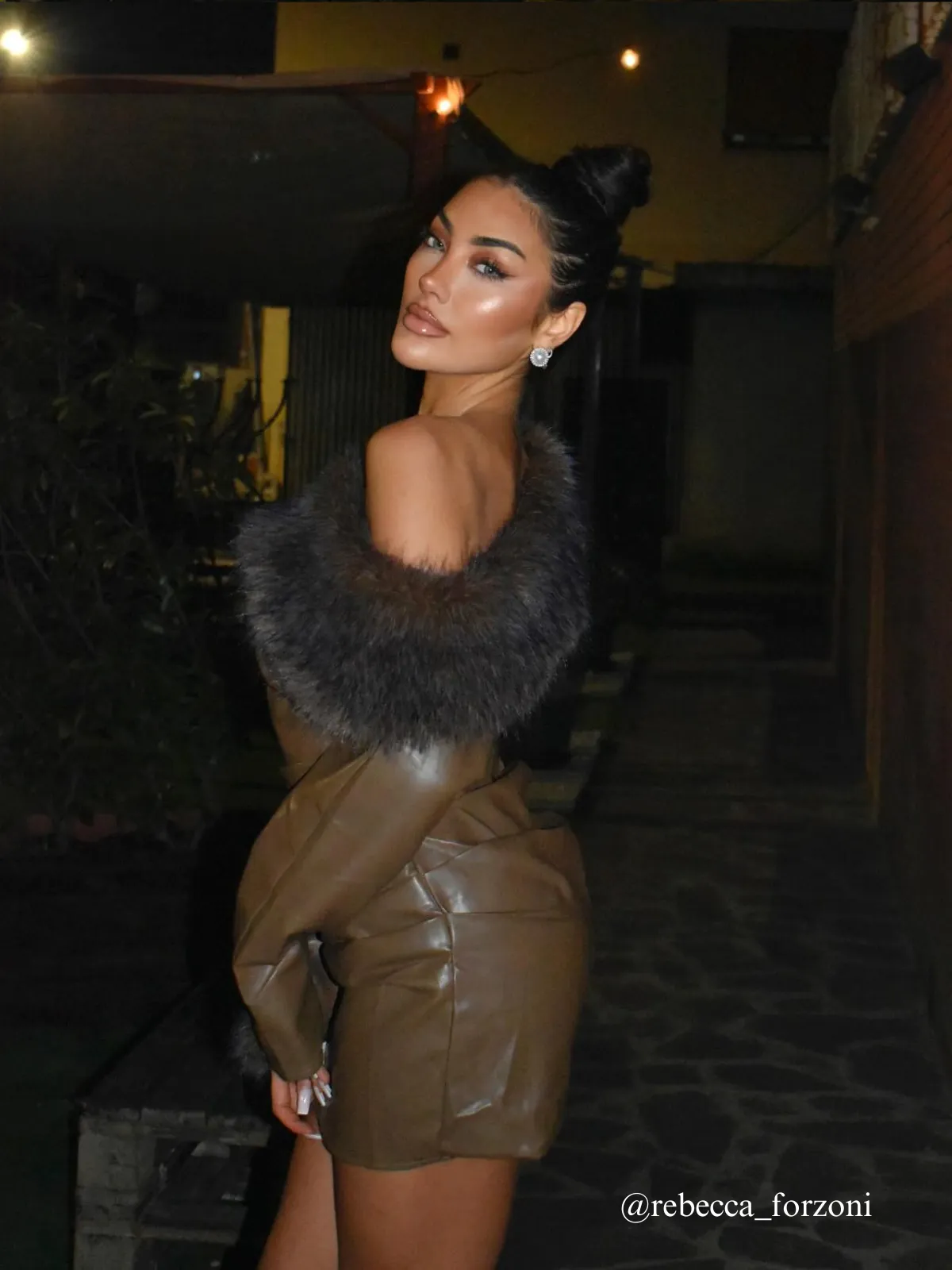 Dioptra One Shoulder Leather Faux Fur Mini Dress In Chocolate sold by Mew Mews product image thumbnail 5