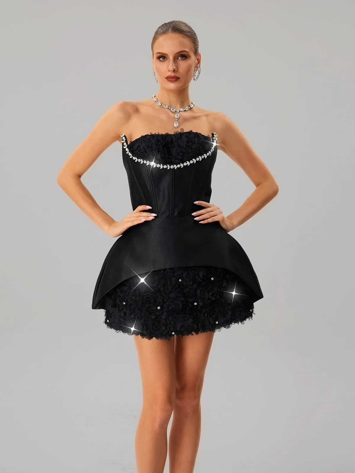 Fariha Strapless Corset Flower Mini Dress sold by Mew Mews