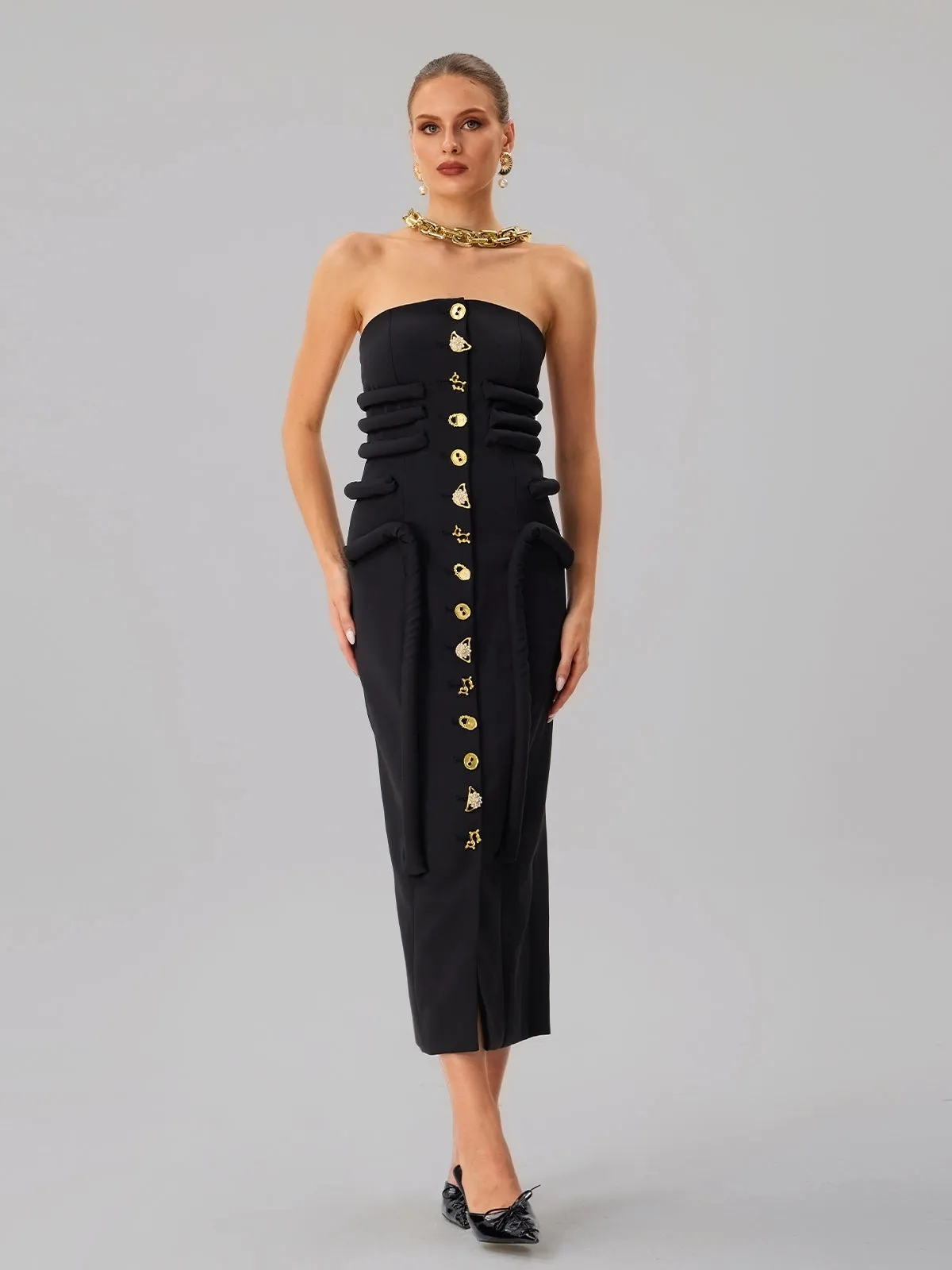 Faridun Strapless Button Maxi Dress sold by Mew Mews