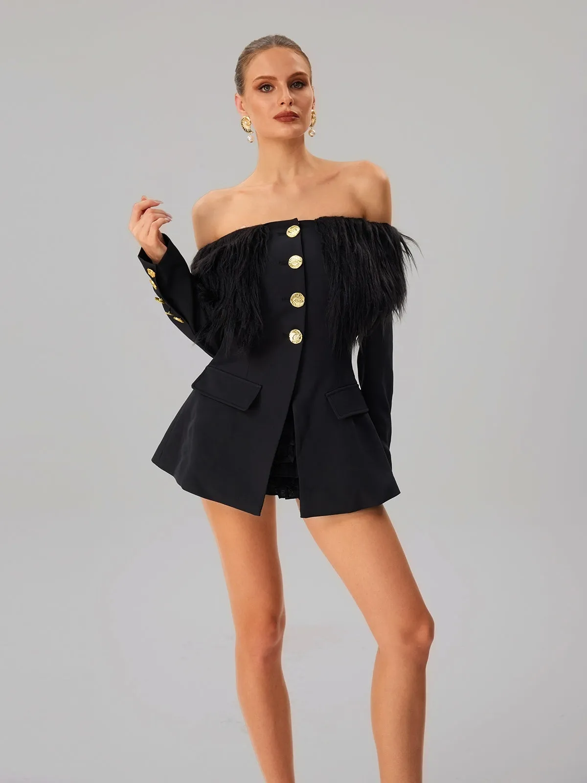 Vazzar Off Shoulder Fringe Blazer sold by Mew Mews product image thumbnail 3