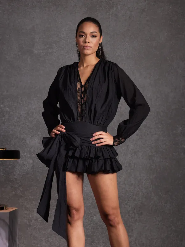 Ulaeron V Neck Lace Bow Mini Dress In Black sold by Mew Mews