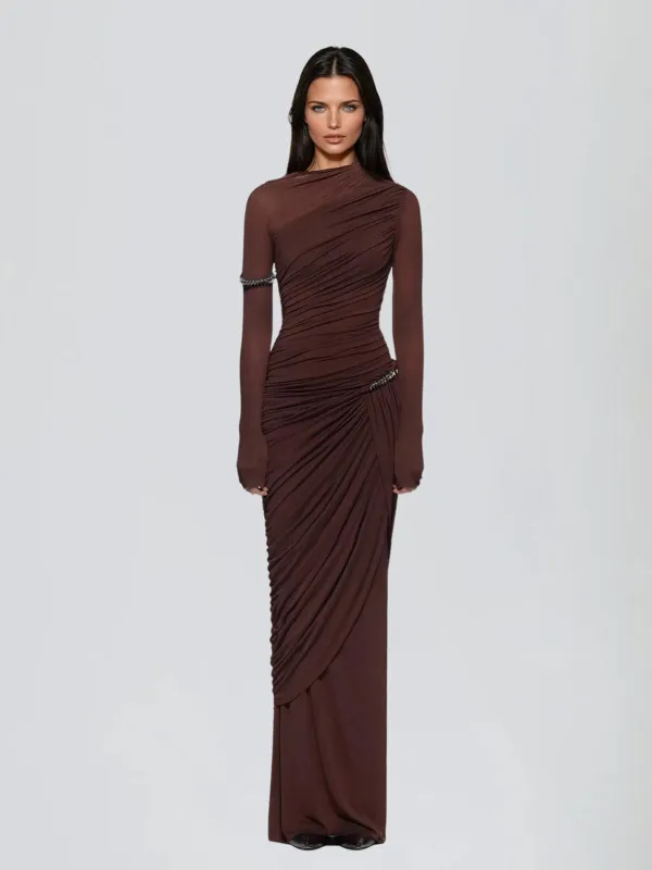 Pexara Long Sleeve Asymmetric Ruched Maxi Dress sold by Mew Mews