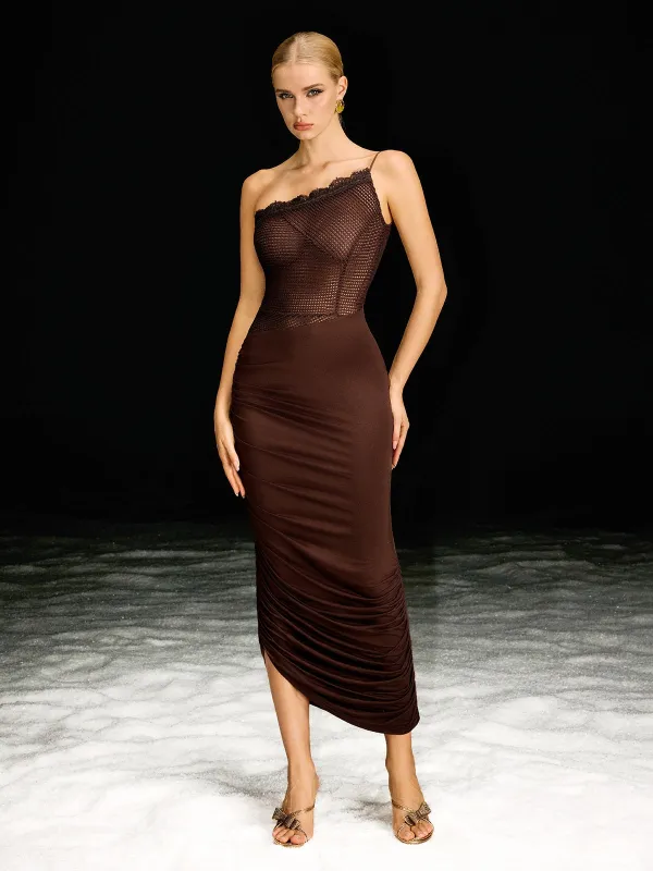 Qyria Strapless Lace Ruched Maxi Dress sold by Mew Mews