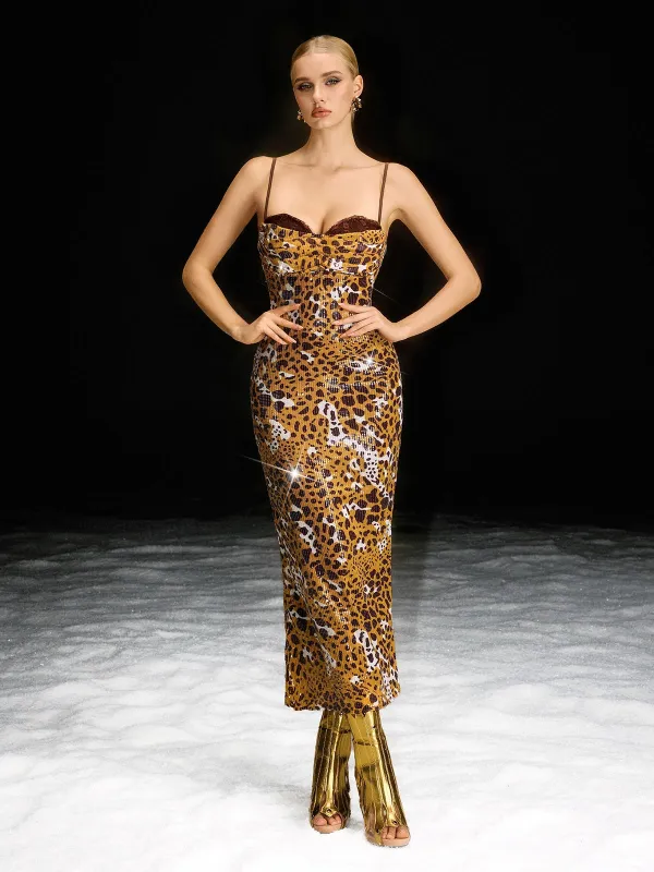 Barbra Spaghetti Leopard Sequin Midi Dress made by Mew Mews