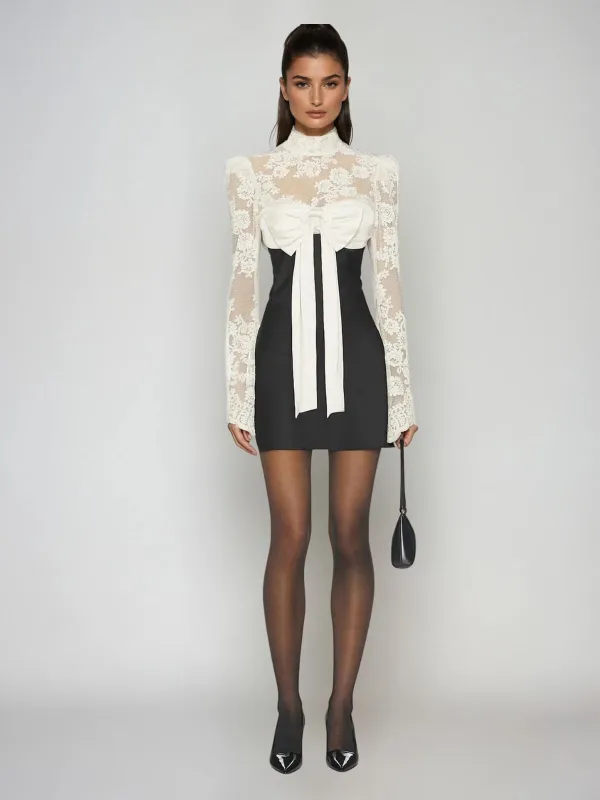Eyvian Flare Sleeve Bow Lace Mini Dress sold by Mew Mews