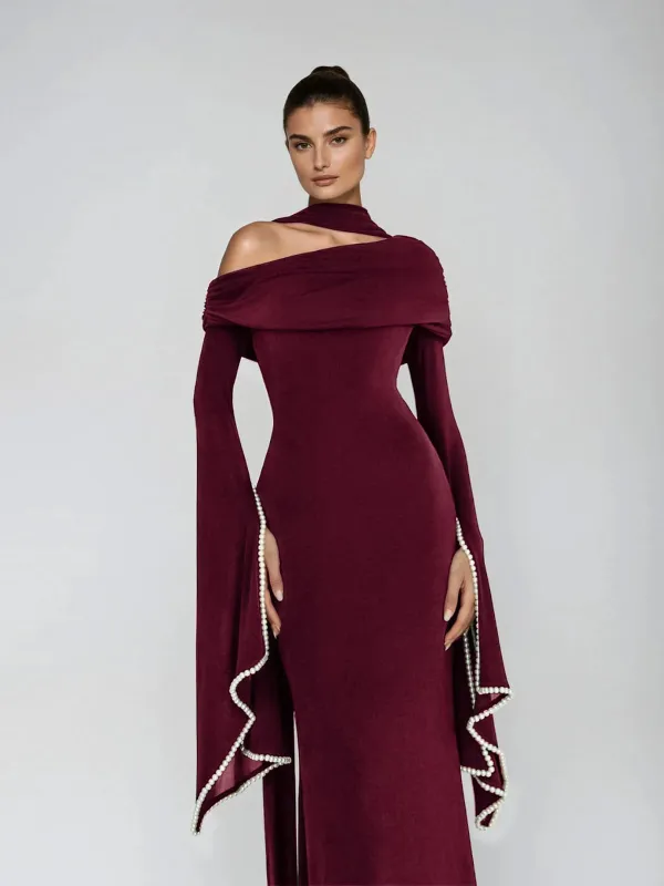 Xenara Scarf Cape Sleeve Maxi Dress In Wine made by Mew Mews
