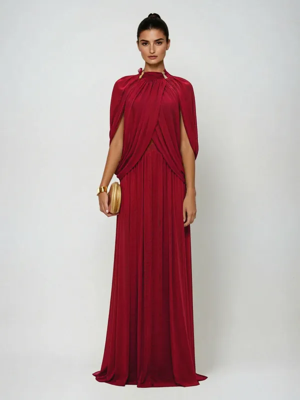 Beryndor Bat Sleeve Draped Maxi Dress In Red made by Mew Mews