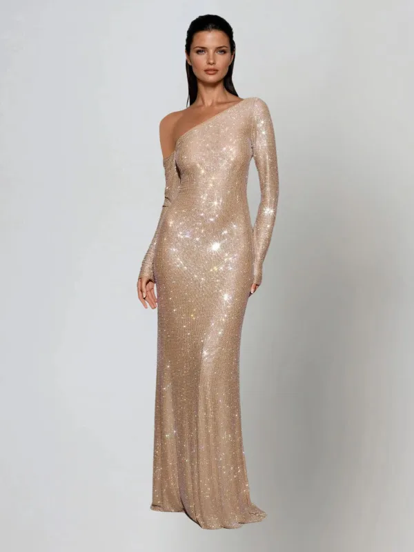 Garneth One Shoulder Rhinestone Maxi Dress In Gold sold by Mew Mews