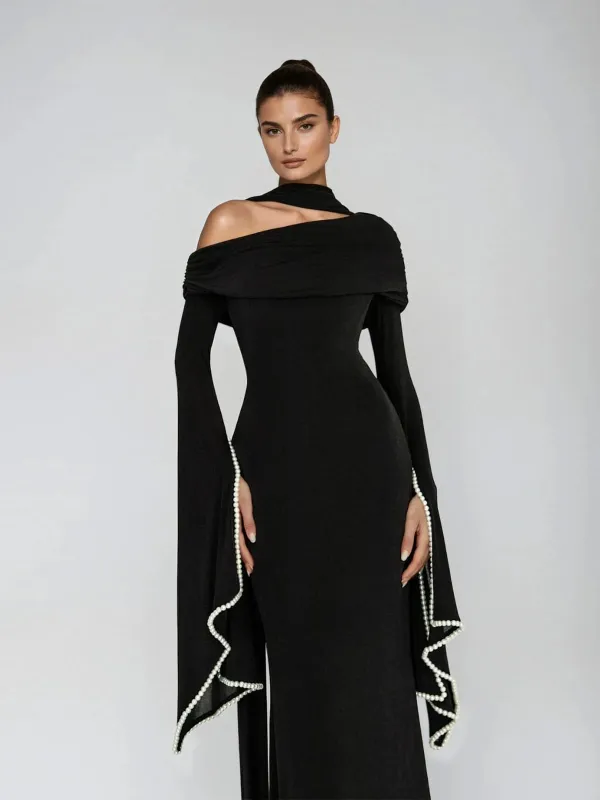 Xenara Scarf Cape Sleeve Maxi Dress In Black sold by Mew Mews