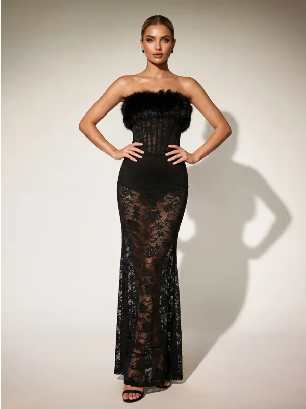 Floella Strapless Faux Fur Lace Maxi Dress made by Mew Mews