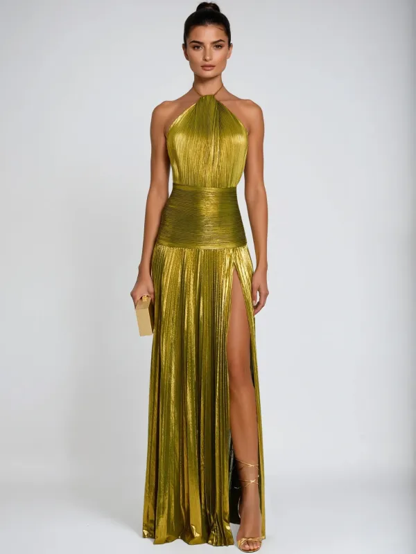 Syriona Halterneck Split Pleated Metallic Maxi Dress In Gold sold by Mew Mews