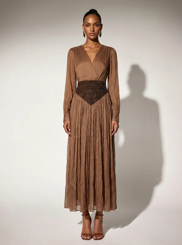 Drethon V Neck Rhinestone Satin Maxi Dress sold by Mew Mews