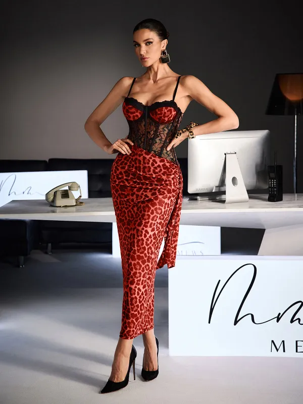 Xanriel Spaghetti Leopard Lace Maxi Dress In Red sold by Mew Mews