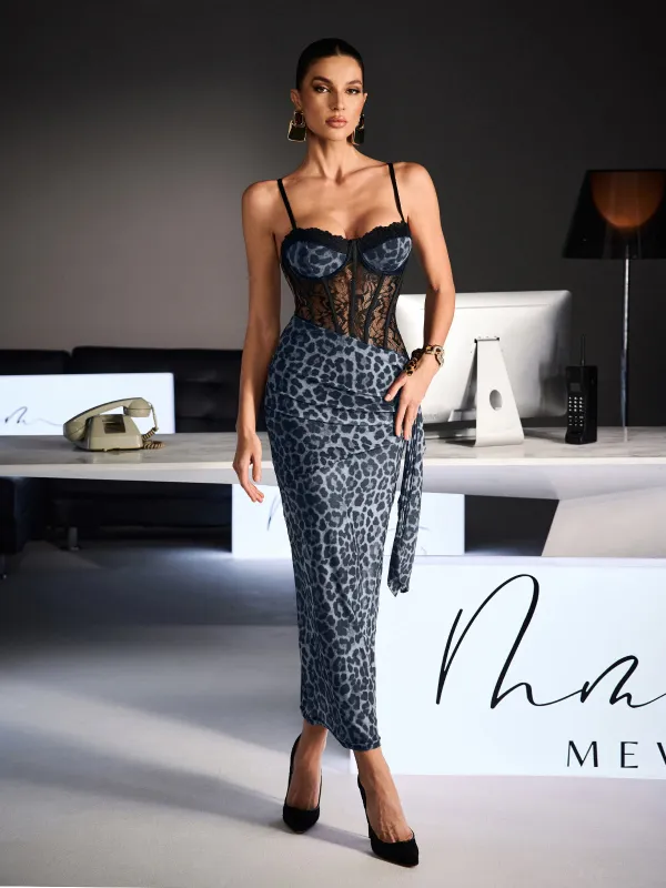 Xanriel Spaghetti Leopard Lace Maxi Dress In Grey sold by Mew Mews