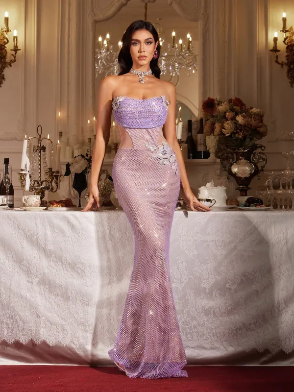 Filomena Strapless Flower Rhinestone Mesh Maxi Dress sold by Mew Mews