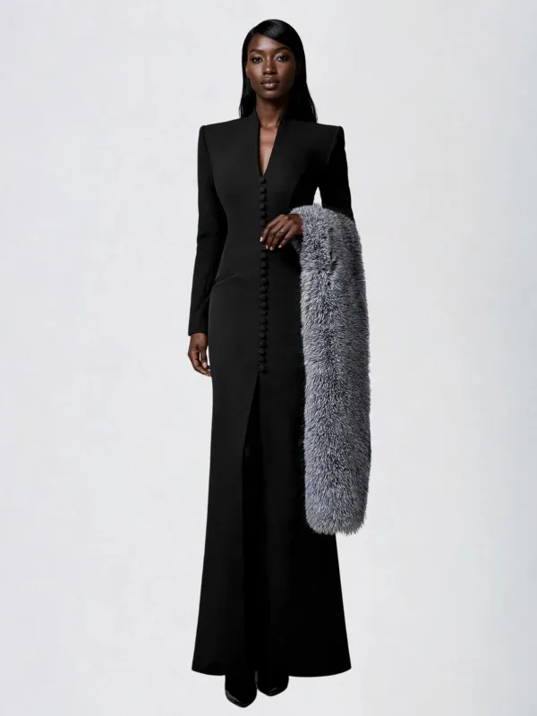 Valithor V Neck Split Maxi Dress In Black made by Mew Mews