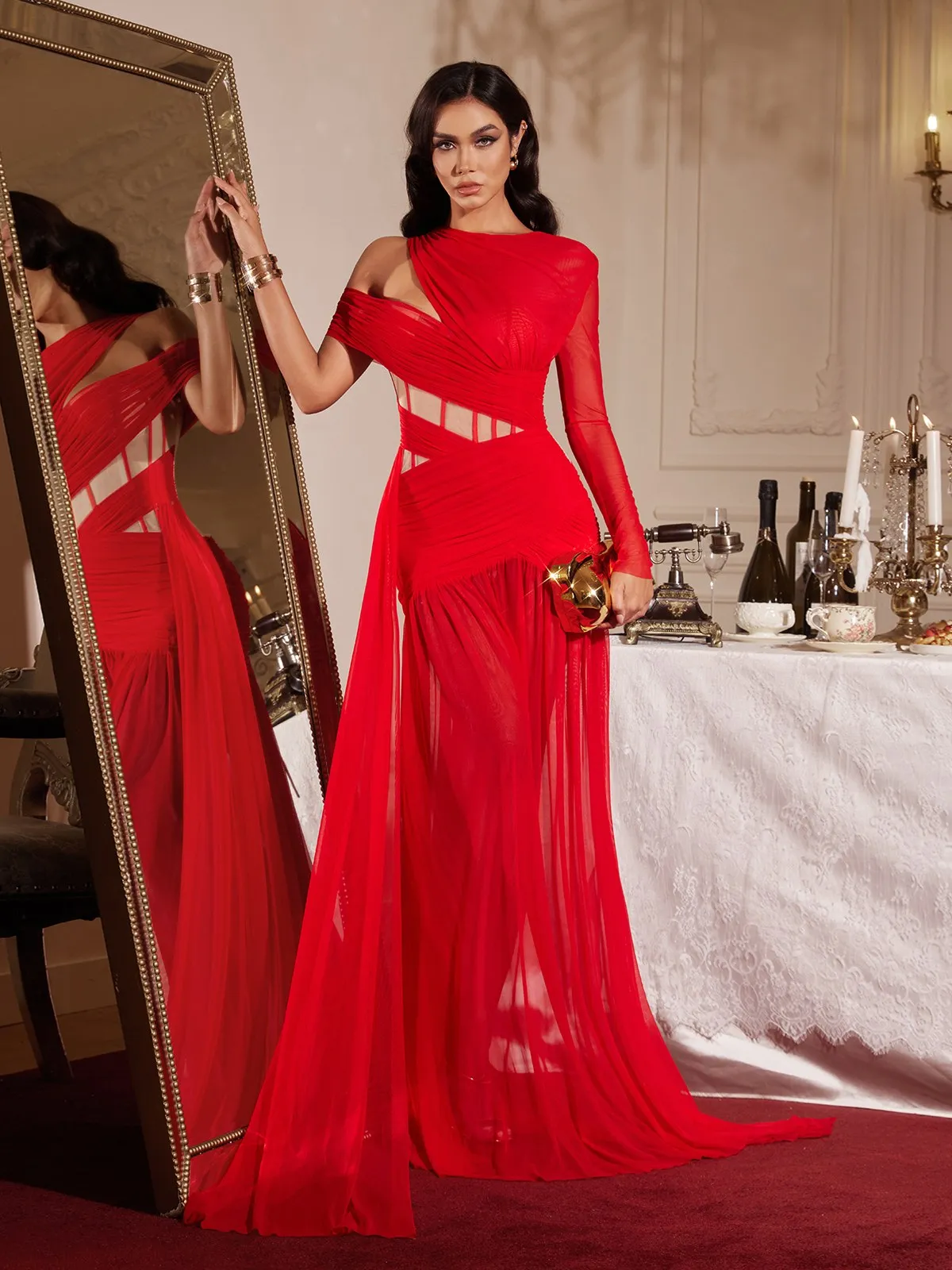 Malati Corset Cutout Mesh Maxi Dress In Red sold by Mew Mews product image thumbnail 2
