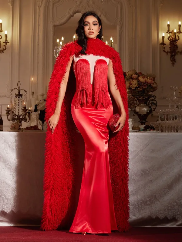 Filip Sleeveless Fringe Maxi Dress With Cape sold by Mew Mews