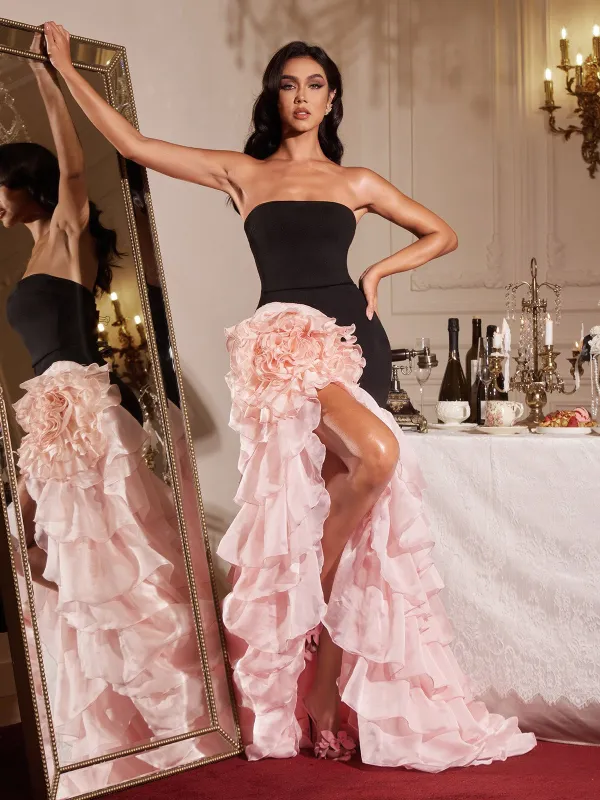 Filib Strapless Flower Ruffle Tiered Maxi Dress made by Mew Mews