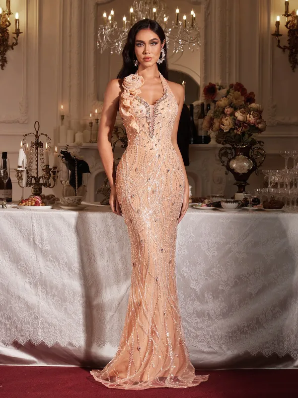 Florica Halterneck Flower Sequin Maxi Dress sold by Mew Mews