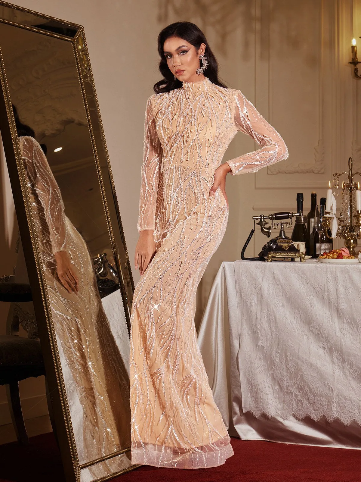 Fiona Long Sleeve Pearl Sequin Maxi Dress sold by Mew Mews product image thumbnail 4