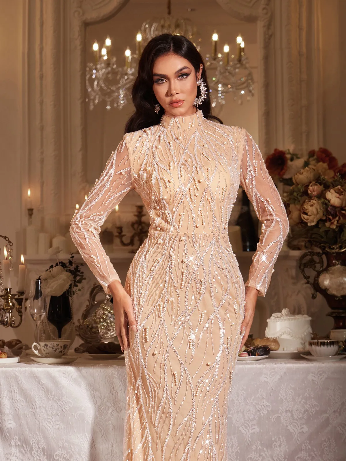 Fiona Long Sleeve Pearl Sequin Maxi Dress sold by Mew Mews product image thumbnail 5