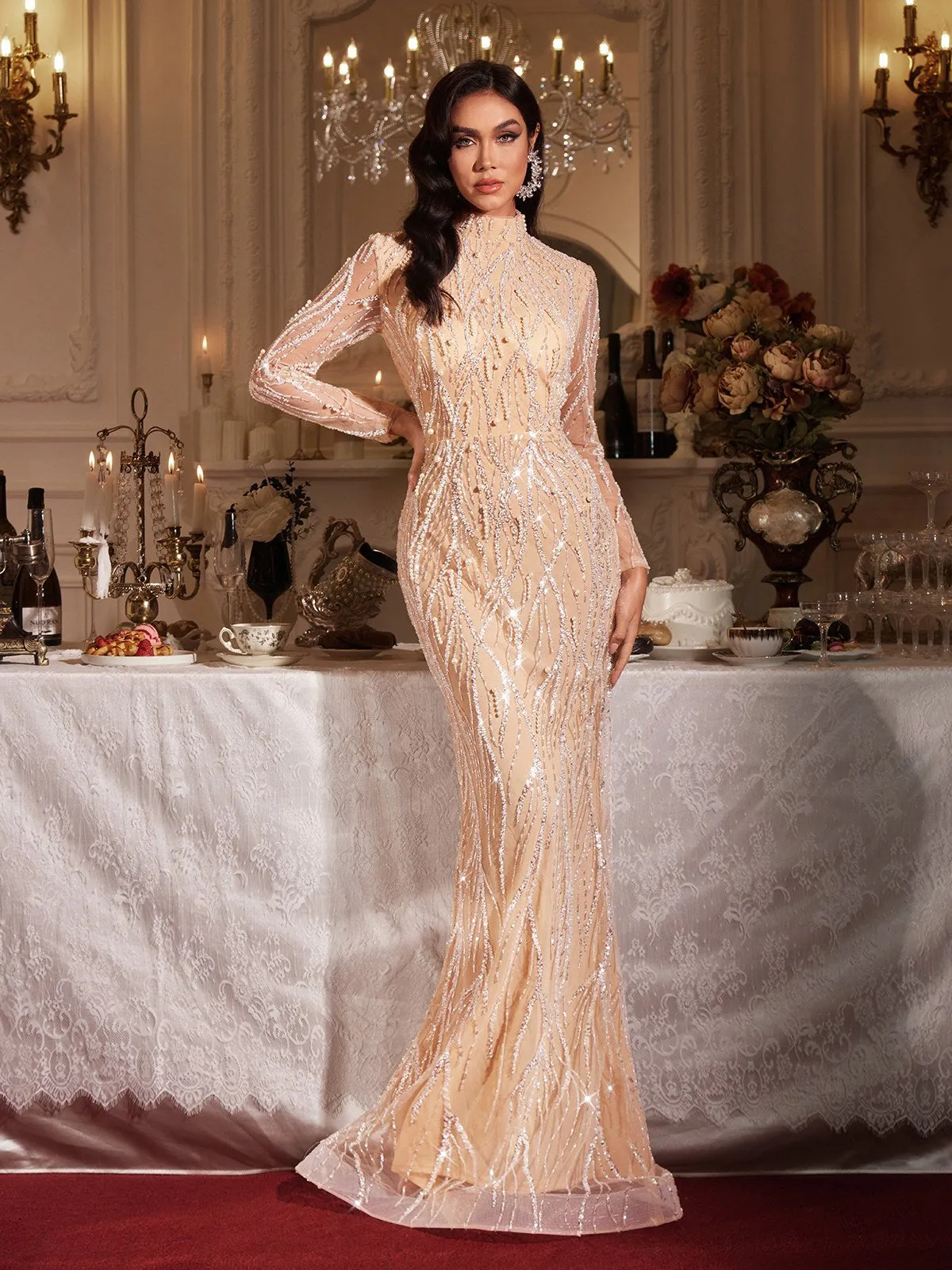 Fiona Long Sleeve Pearl Sequin Maxi Dress sold by Mew Mews