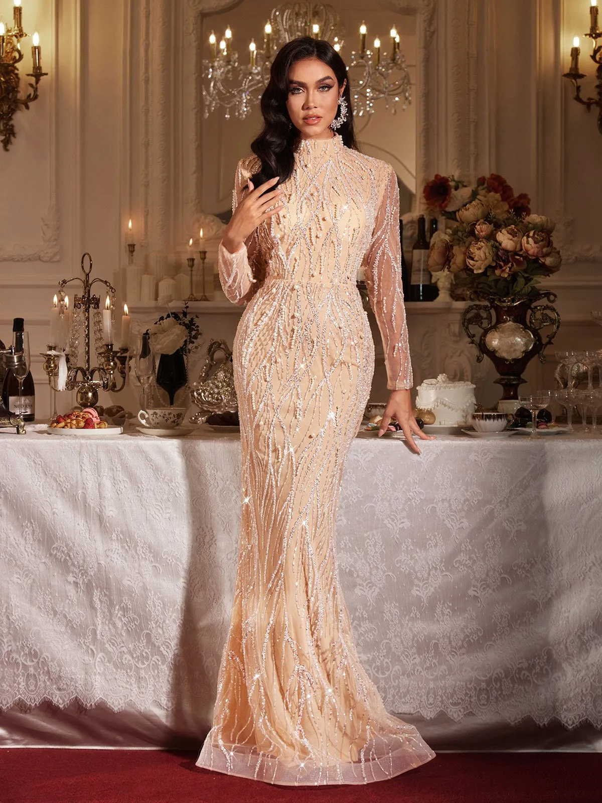 Fiona Long Sleeve Pearl Sequin Maxi Dress sold by Mew Mews product image thumbnail 3