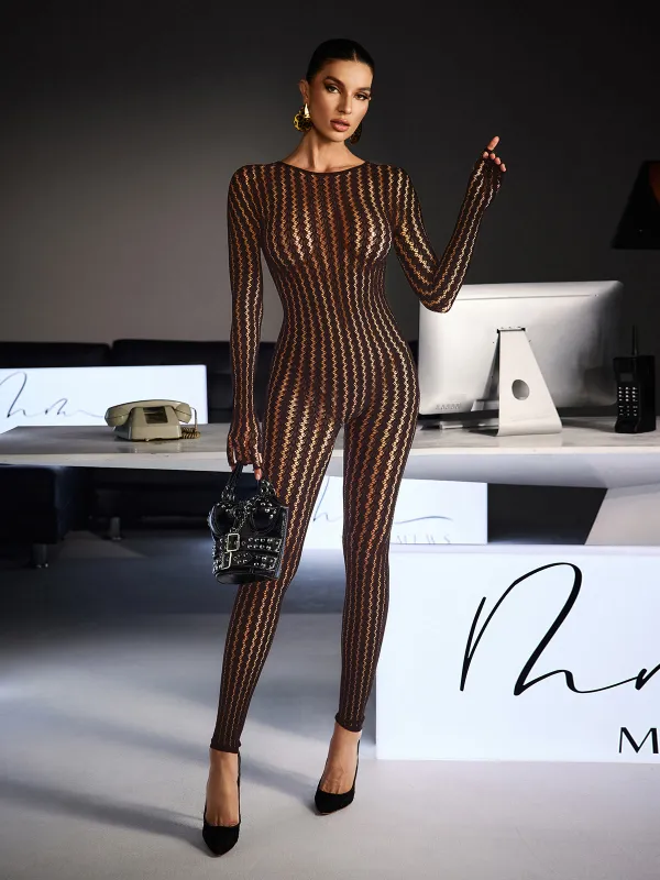 Festim Long Sleeve Floral Bodycon Jumpsuit In Brown made by Mew Mews