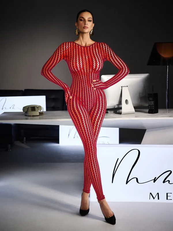 Festim Long Sleeve Floral Bodycon Jumpsuit In Wine sold by Mew Mews