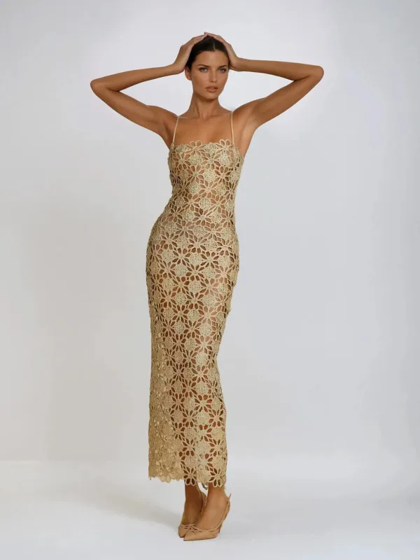 Ryphar Spaghetti Embroidered Floral Maxi Dress sold by Mew Mews