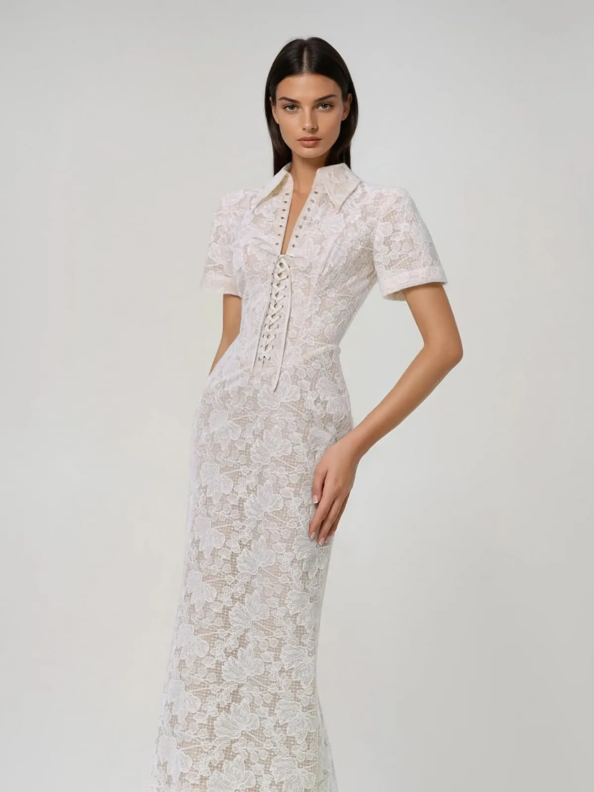 Landaura Folded Collar Lace Up Floral Maxi Dress sold by Mew Mews product image thumbnail 3