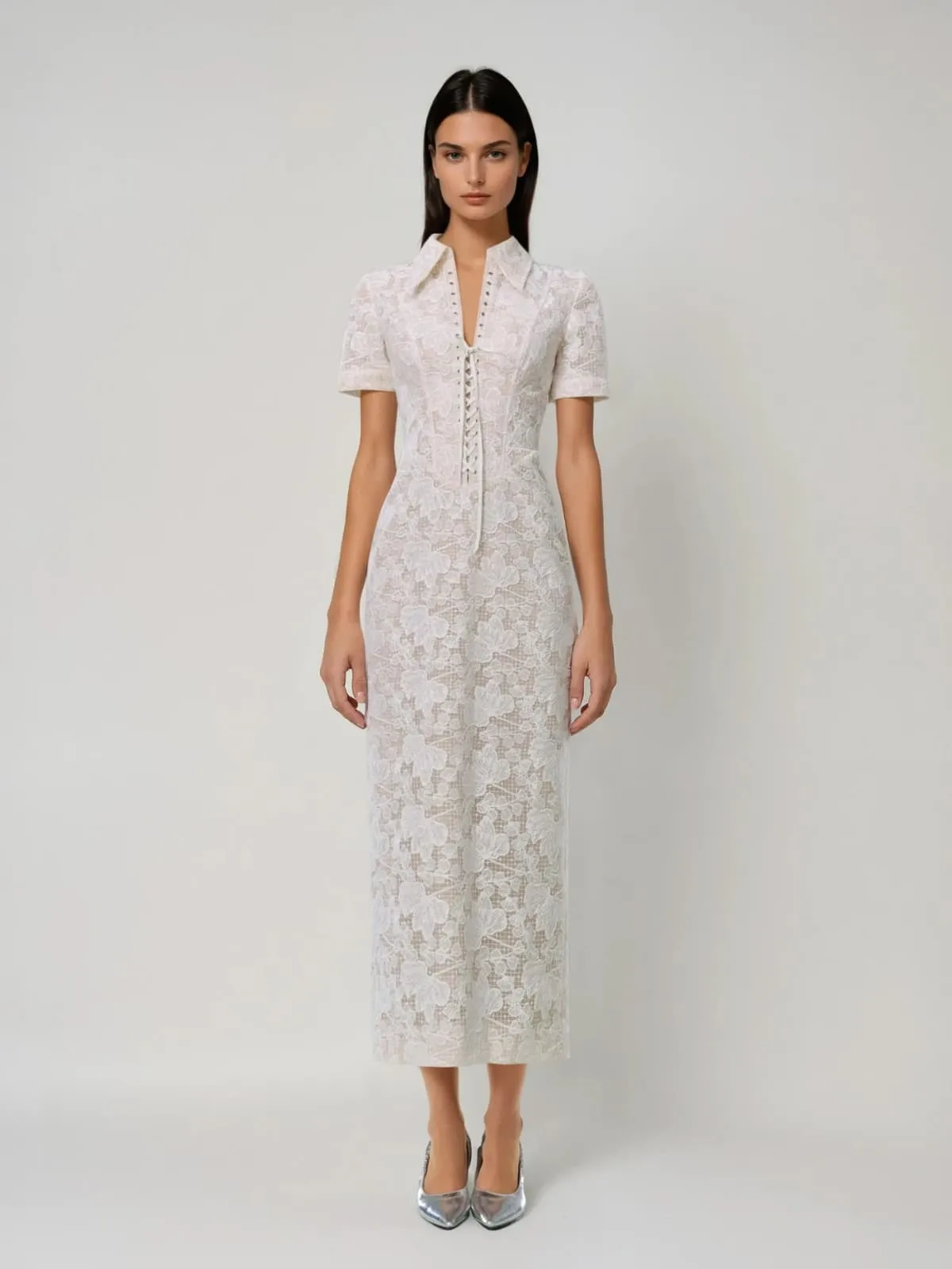 Landaura Folded Collar Lace Up Floral Maxi Dress sold by Mew Mews