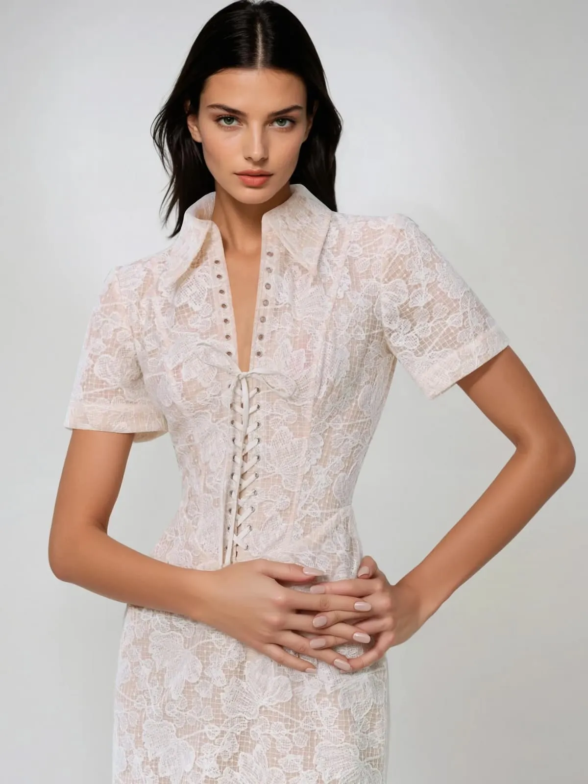 Landaura Folded Collar Lace Up Floral Maxi Dress sold by Mew Mews product image thumbnail 2