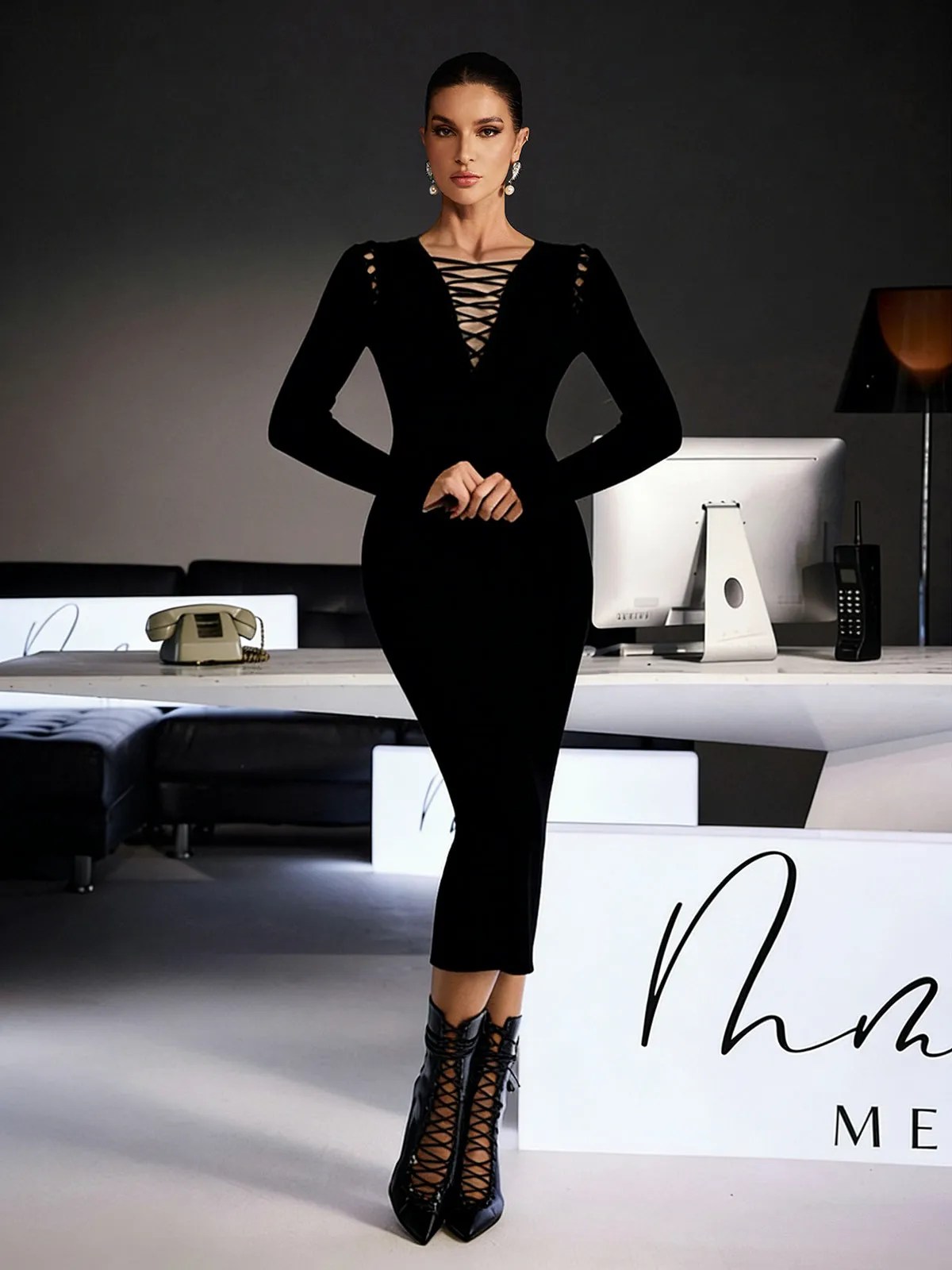 Ferdinanda Long Sleeve Knit Midi Dress In Black sold by Mew Mews product image thumbnail 2