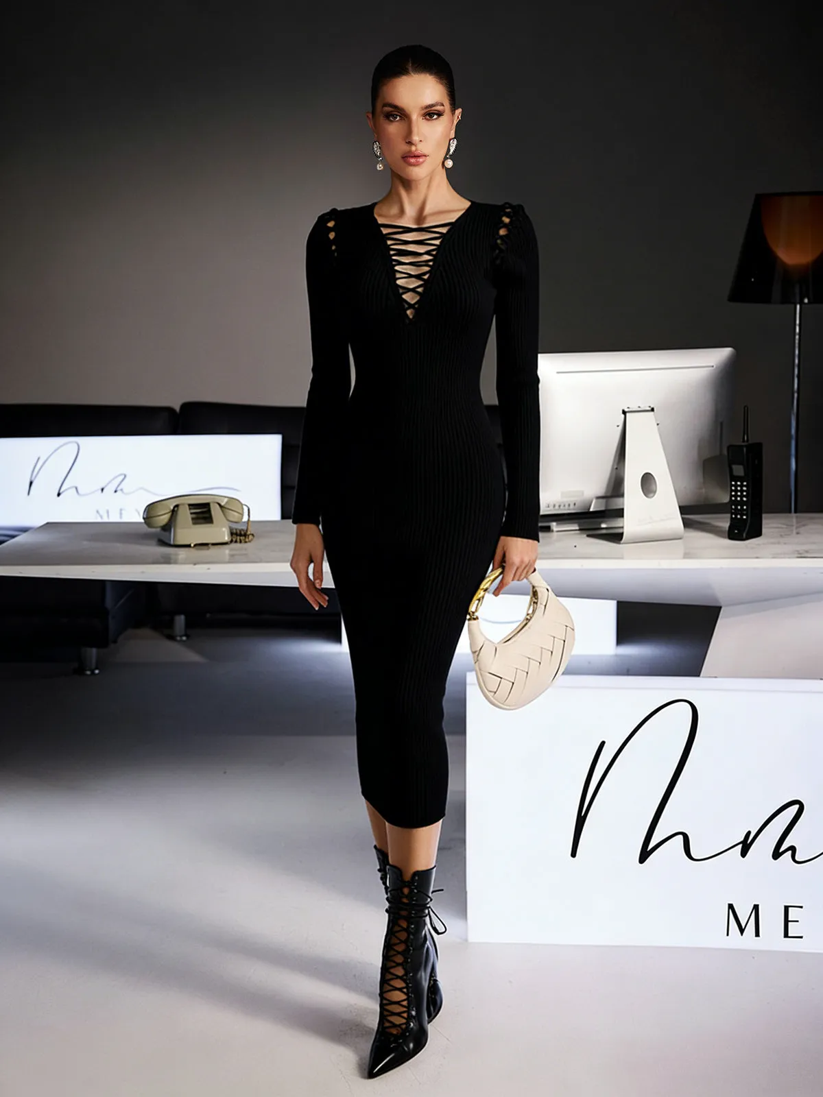 Ferdinanda Long Sleeve Knit Midi Dress In Black sold by Mew Mews
