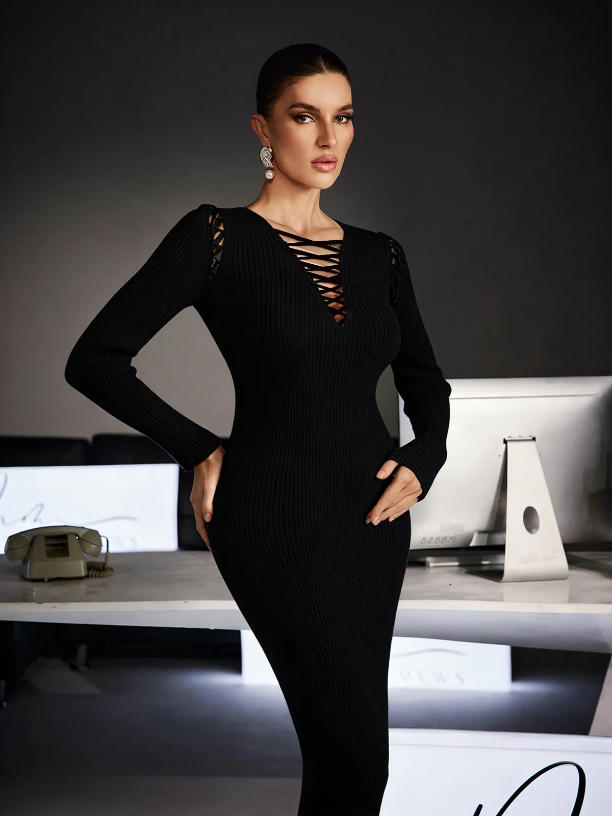 Ferdinanda Long Sleeve Knit Midi Dress In Black sold by Mew Mews product image thumbnail 5