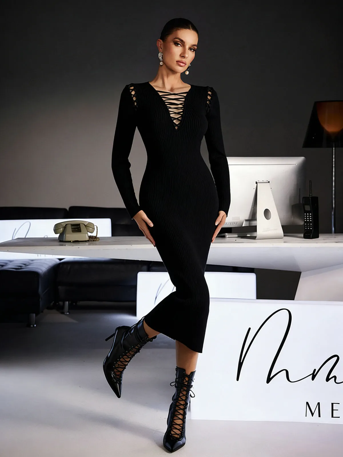 Ferdinanda Long Sleeve Knit Midi Dress In Black sold by Mew Mews product image thumbnail 4