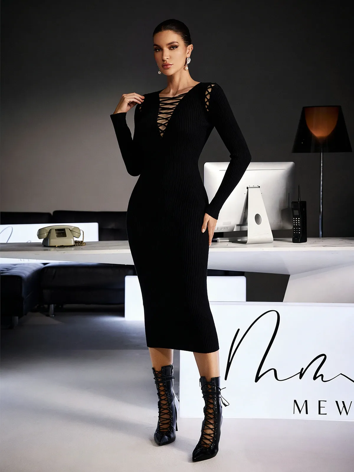 Ferdinanda Long Sleeve Knit Midi Dress In Black sold by Mew Mews product image thumbnail 3