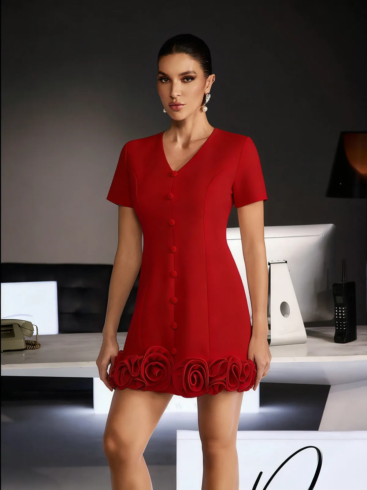 Ferdy V Neck Flower Mini Dress In Red sold by Mew Mews product image thumbnail 3