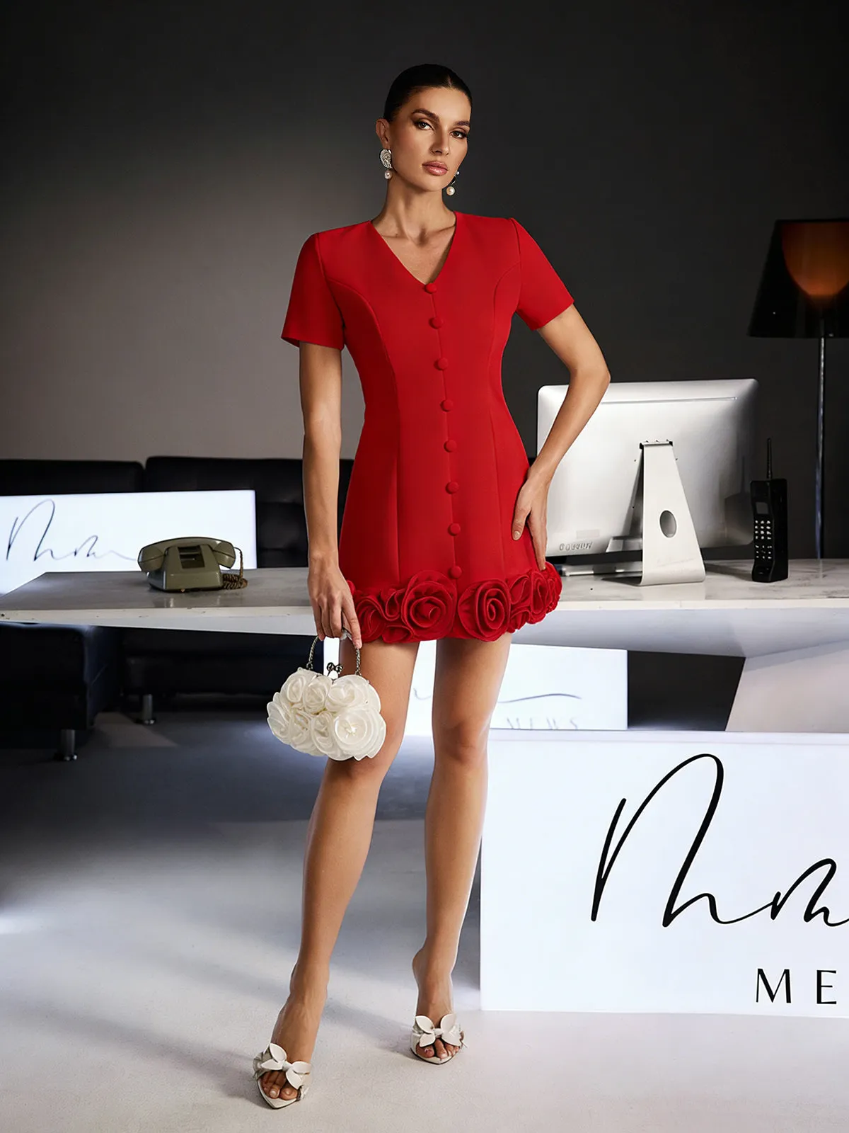 Ferdy V Neck Flower Mini Dress In Red sold by Mew Mews product image thumbnail 2